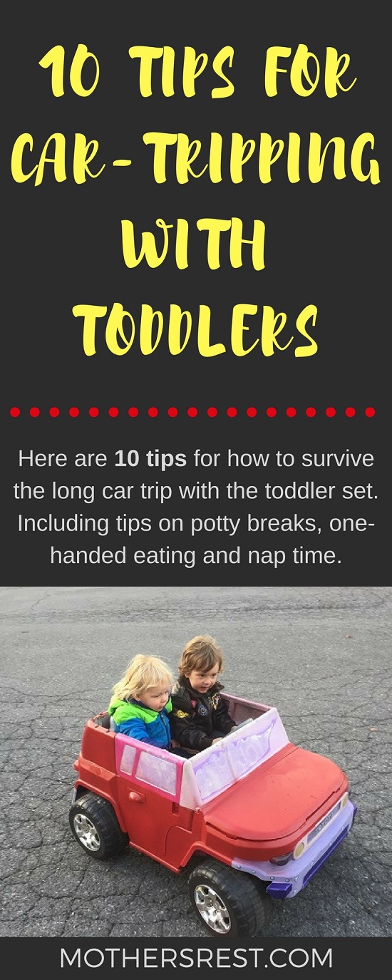 Here are 10 tips for how to survive the long car trip with the toddler set. Including tips on potty breaks, one-handed eating and nap time.