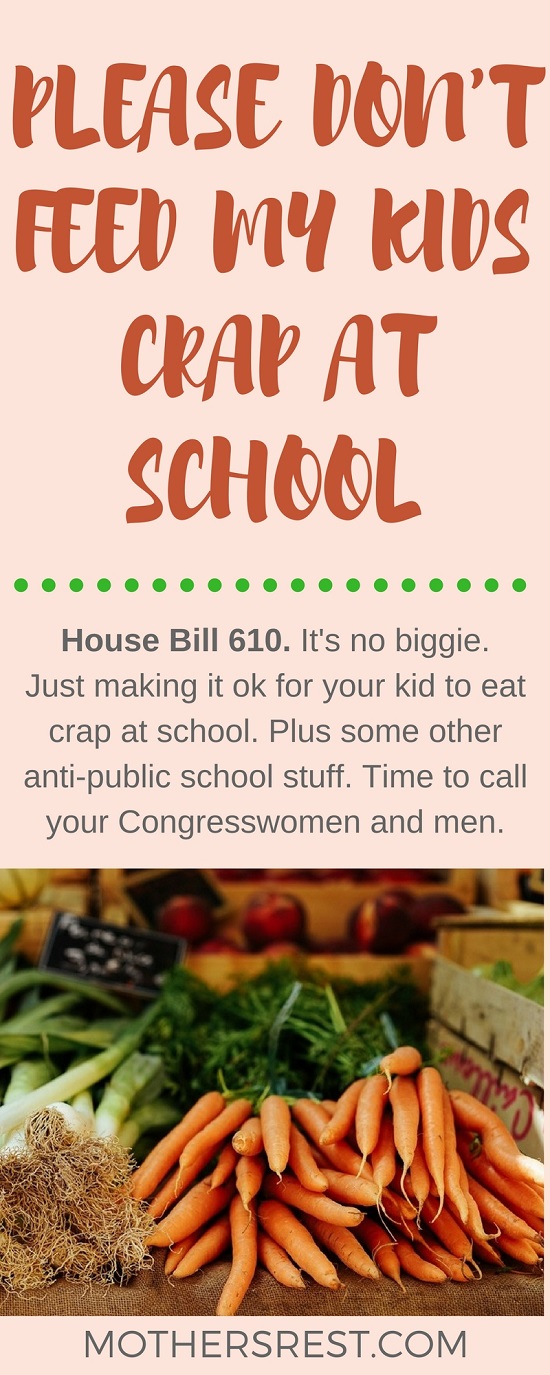 House Bill 610. It's no biggie. Just making it ok for your kid to eat crap at school. Plus some other anti-public school stuff. Time to call your Congresswomen and men. 
