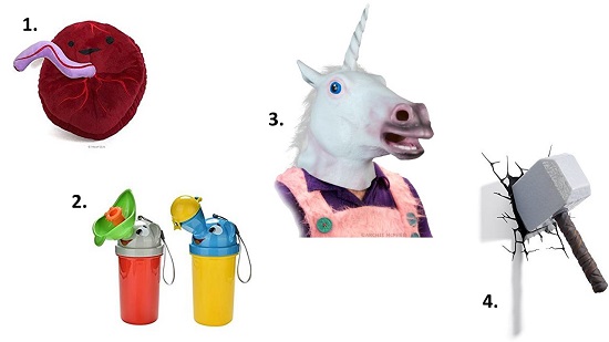 Bizarre junk you can buy the kids online, like a unicorn head or a stuffed placenta - things they need like a really FUN hole in the head