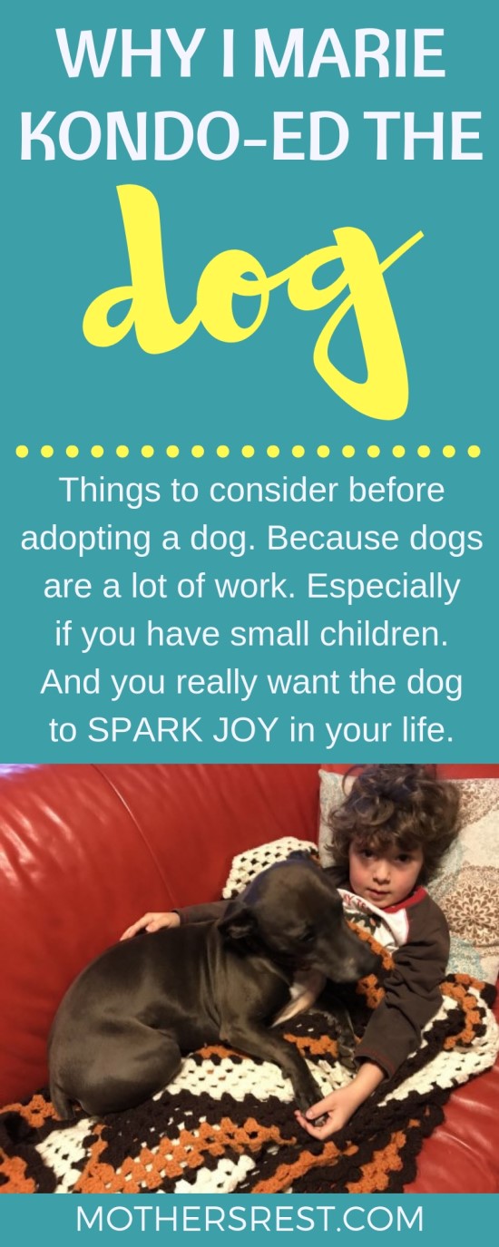 Things to consider before adopting a dog. Because dogs are a lot of work. Especially if you have small children. And you really want the dog to SPARK JOY in your life.