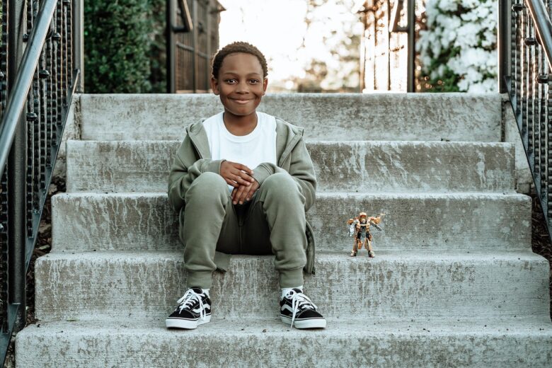 happy boy on stairs
